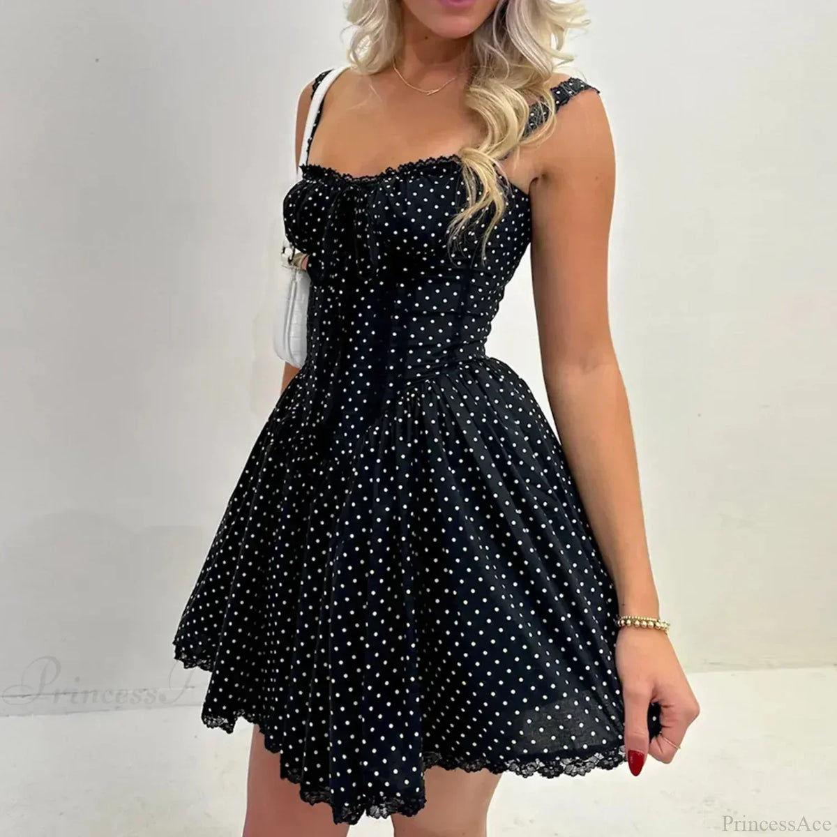 Polka Dot Ruffle Strap Bustier Lace Hem Fit And Flare Mini Dress 3