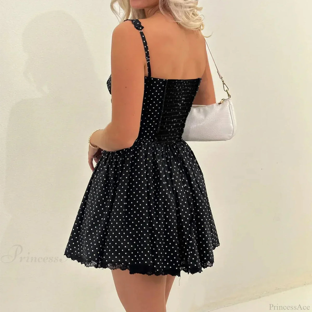 Polka Dot Ruffle Strap Bustier Lace Hem Fit And Flare Mini Dress 4