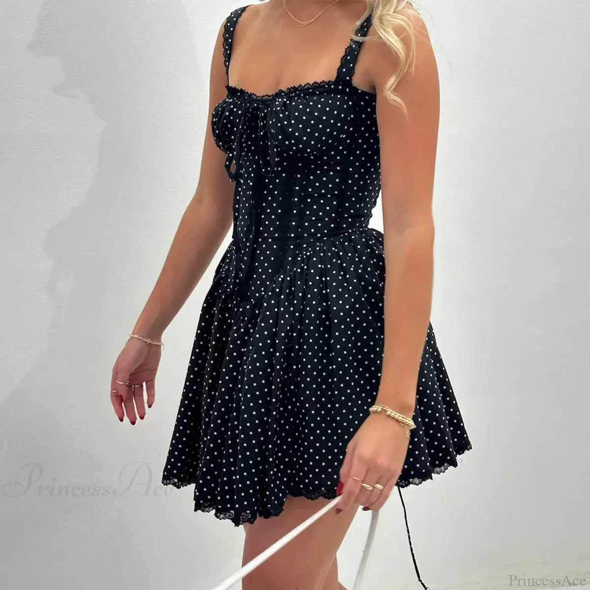 Polka Dot Ruffle Strap Bustier Lace Hem Fit And Flare Mini Dress 2