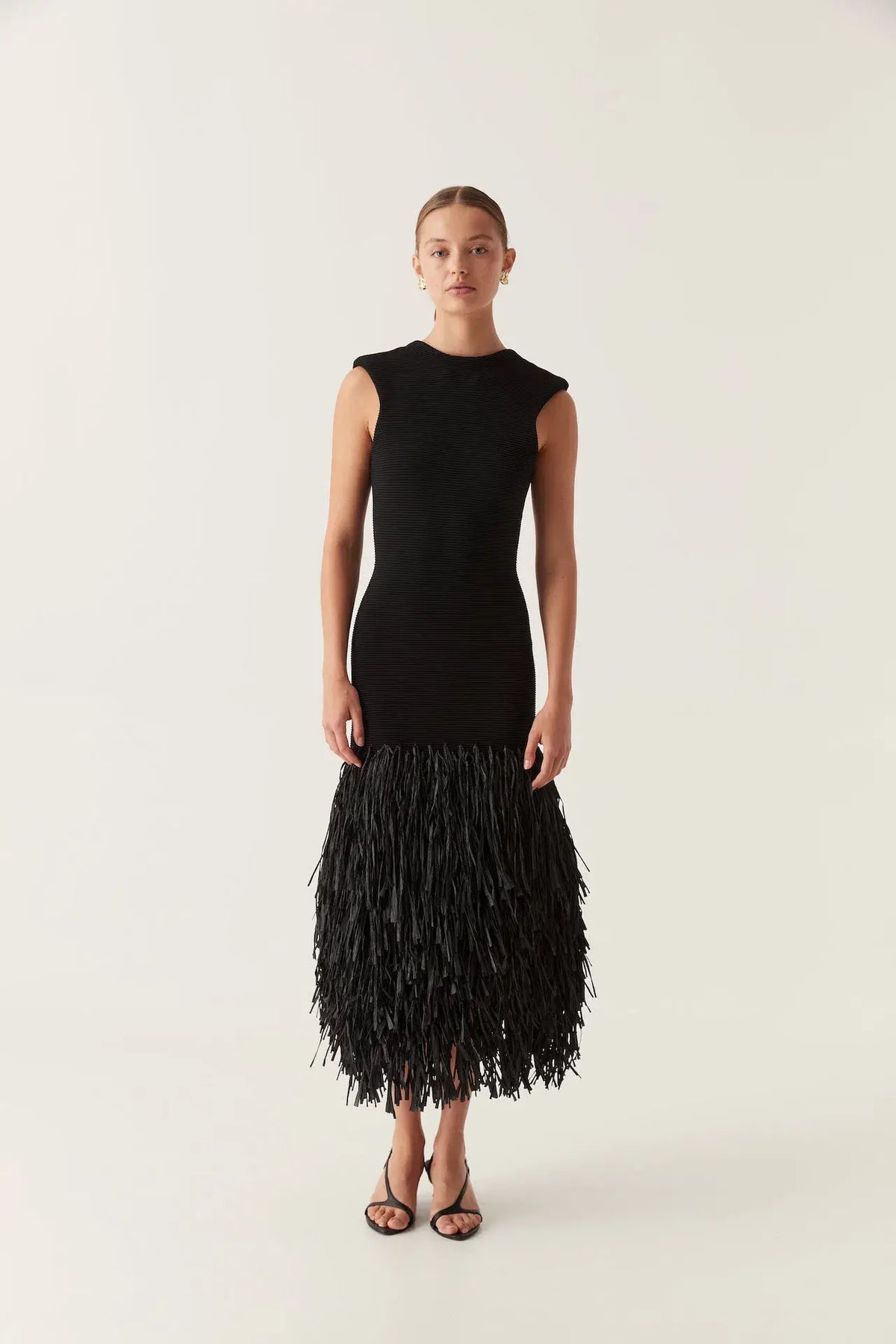 Sleeveless Rib Knit Fringe Panel Bodycon Midi Dress