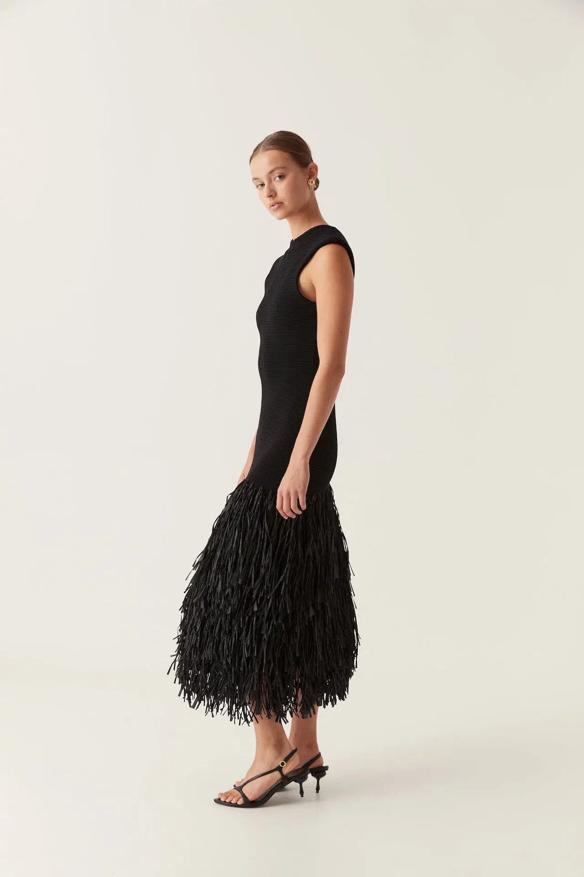 Sleeveless Rib Knit Fringe Panel Bodycon Midi Dress 2
