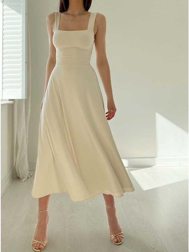Scoop Neck Tank Strap Fitted Waist Flared A-Line Maxi Dress 2