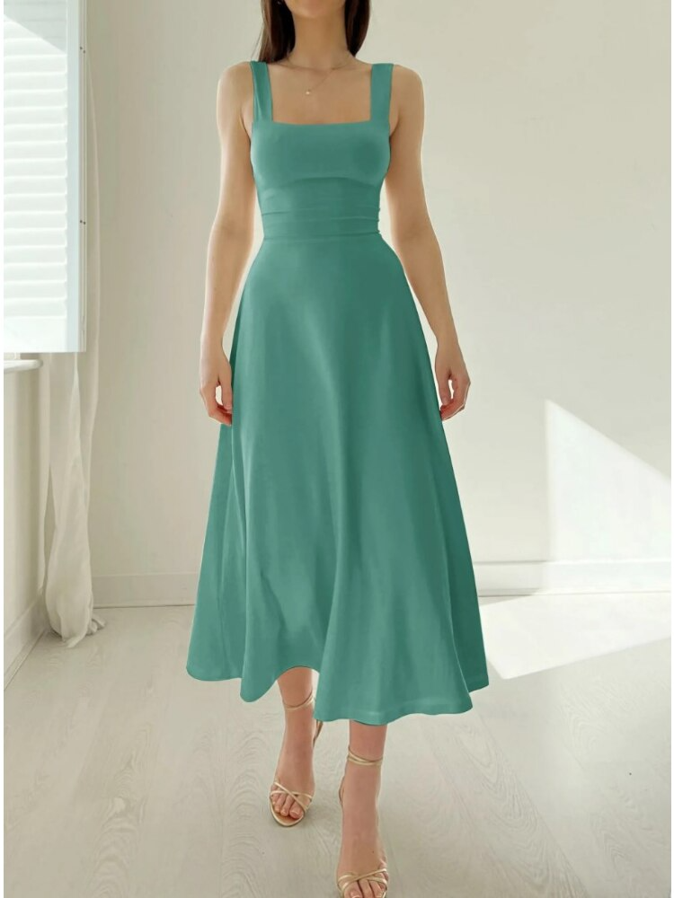 Scoop Neck Tank Strap Fitted Waist Flared A-Line Maxi Dress 7