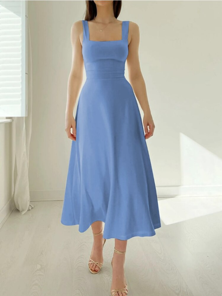 Scoop Neck Tank Strap Fitted Waist Flared A-Line Maxi Dress 8