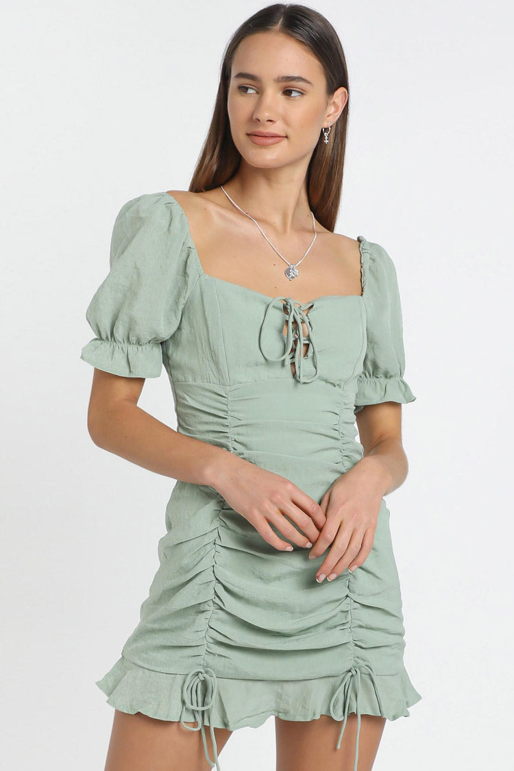 Square Neck Lace Up Keyhole Puff Sleeve Ruched Drawstring Mini Dress 2