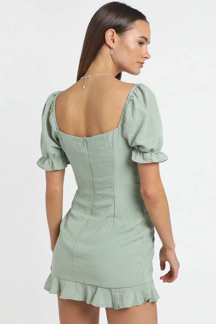 Square Neck Lace Up Keyhole Puff Sleeve Ruched Drawstring Mini Dress 3