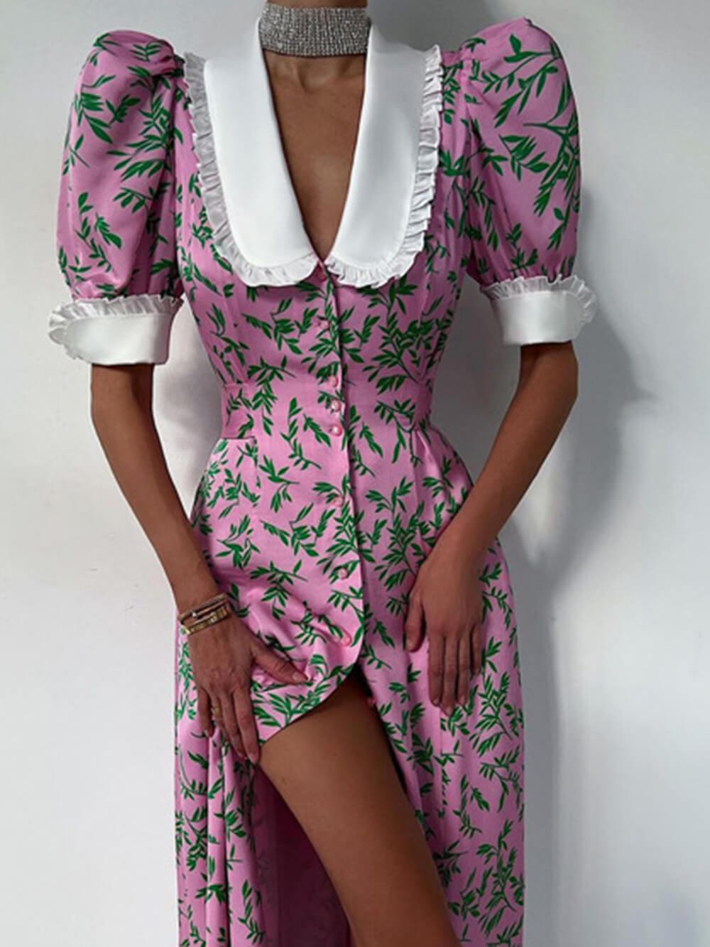Oversized Collar Ruffle Cuff Vine Print Button Front Slit Midi Dress 2