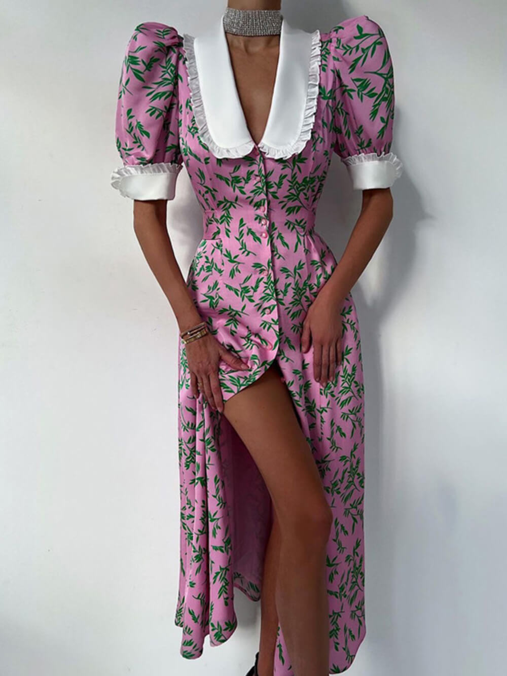 Oversized Collar Ruffle Cuff Vine Print Button Front Slit Midi Dress