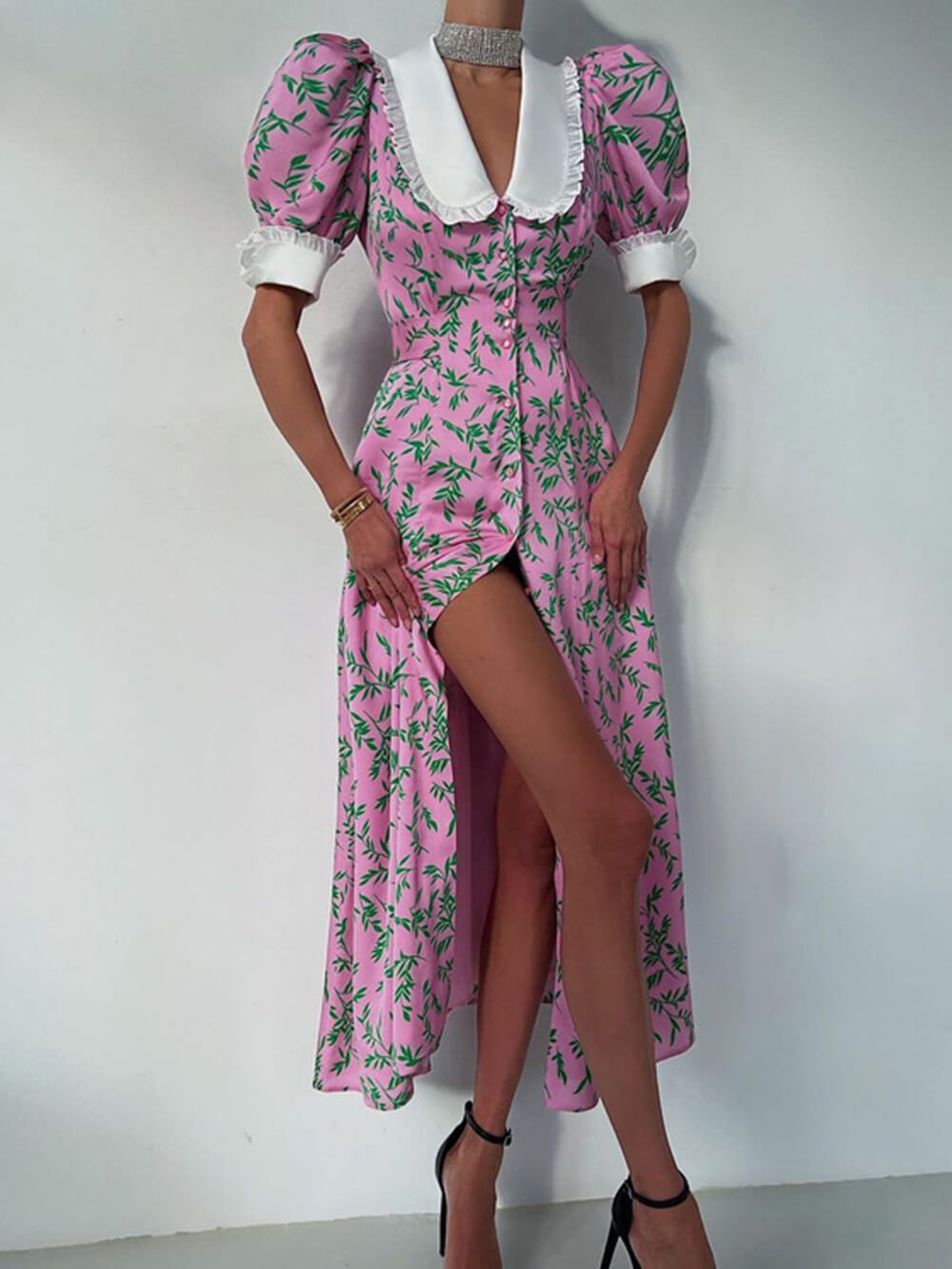 Oversized Collar Ruffle Cuff Vine Print Button Front Slit Midi Dress 4
