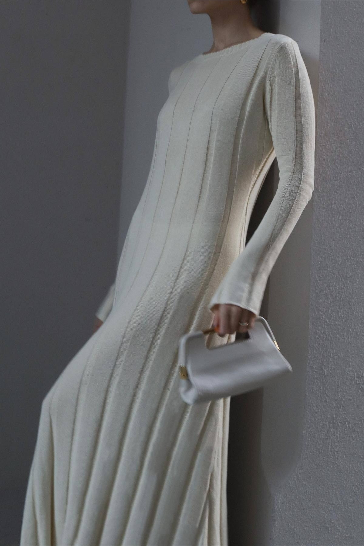 Rib Knit Long Sleeve Flare Hem Maxi Sweater Dress