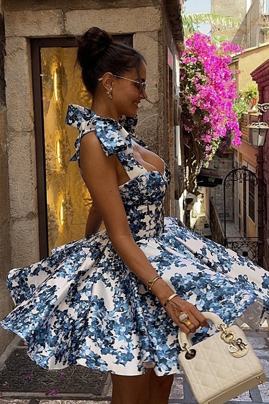 Floral Print Sweetheart Tie Strap Corset Fit and Flare Mini Dress