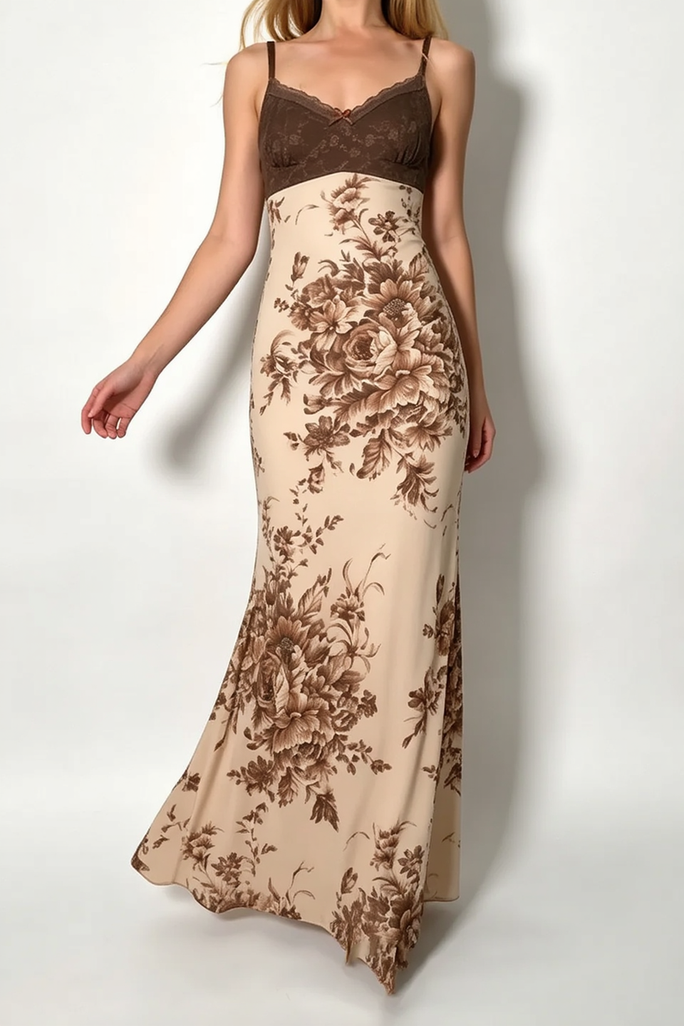 Lace Bustier Bow Floral Print Column Maxi Slip Dress 3