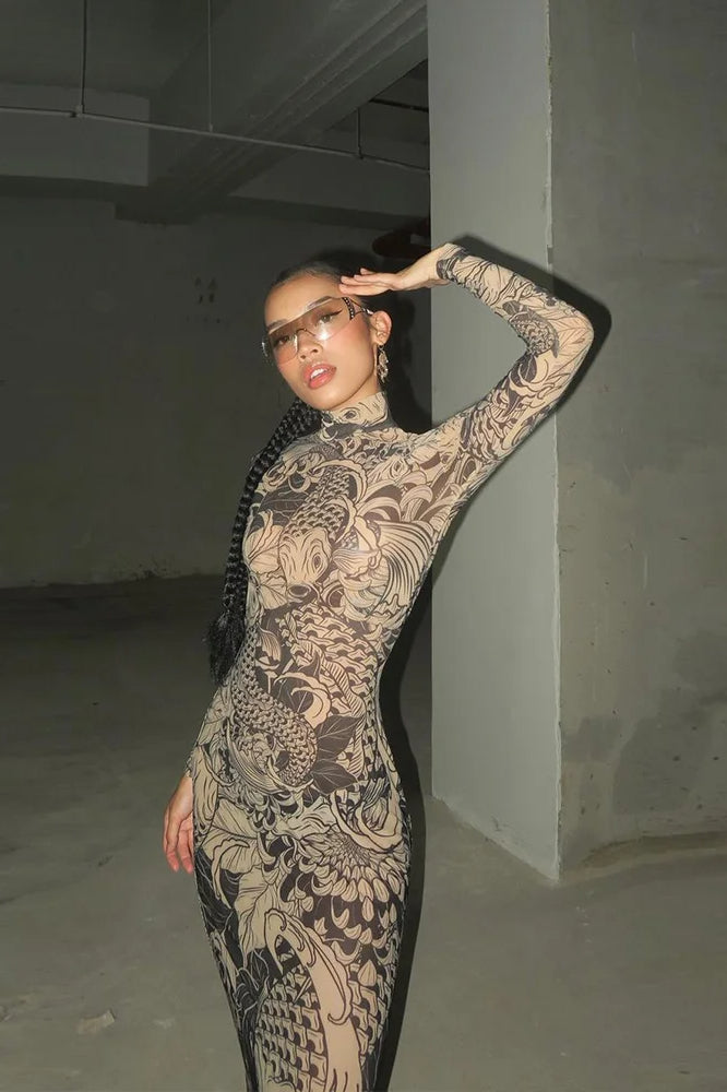 Mock Neck Long Sleeve Koi Fish Tattoo Print Mesh Bodycon Maxi Dress 4