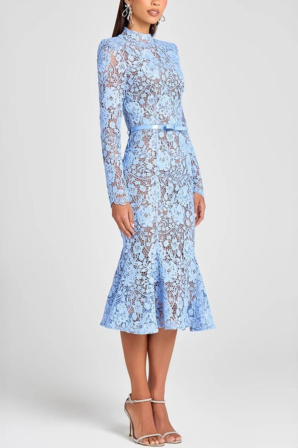 Lace Mock Neck Long Sleeve Belted Mermaid Trumpet Midi Dress 4