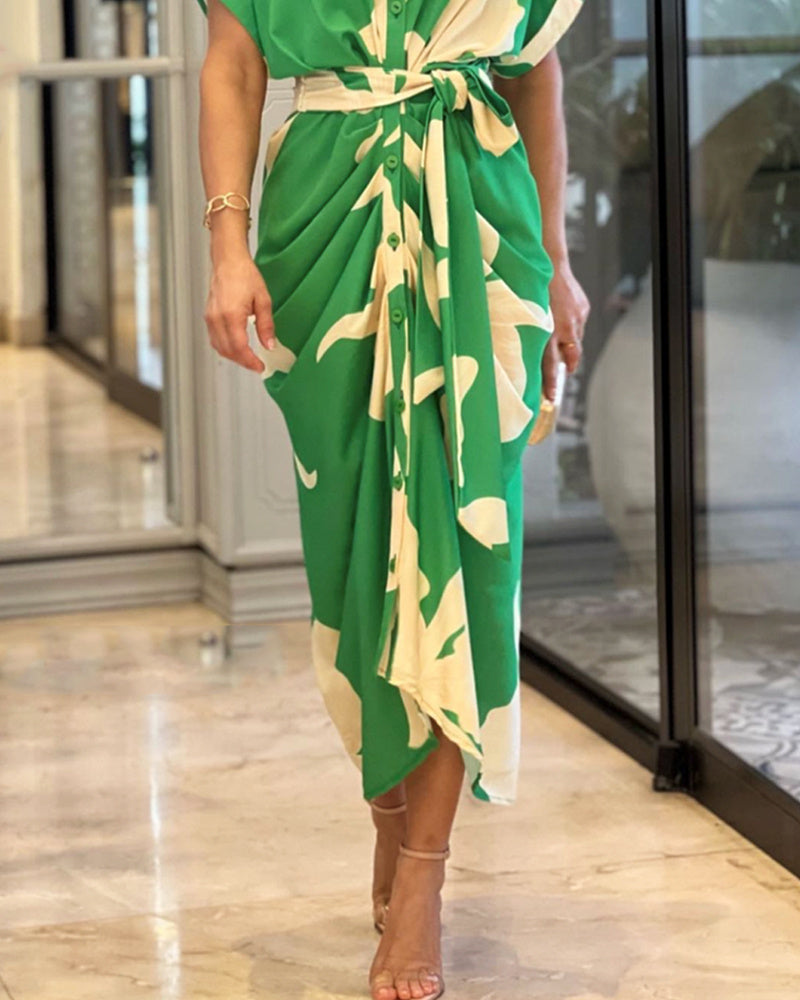 Abstract Leaf Print Collared Button-Front Tie-Waist Ruched Skirt Midi Shirt Dress 3