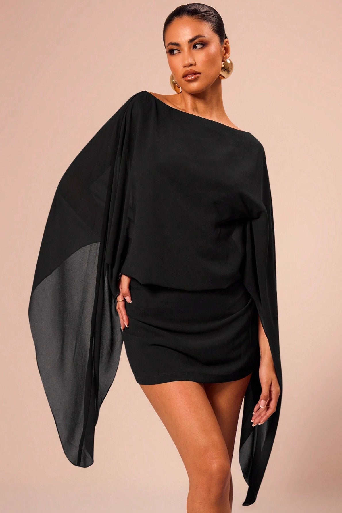 Boat Neck Sheer Batwing Cape Sleeve Draped Blouson Bodycon Mini Dress 6