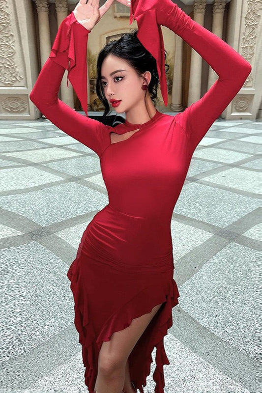 Crew Neck Ruched Long Sleeve Integrated Glove High Slit Ruffle Trim Maxi Dress 5