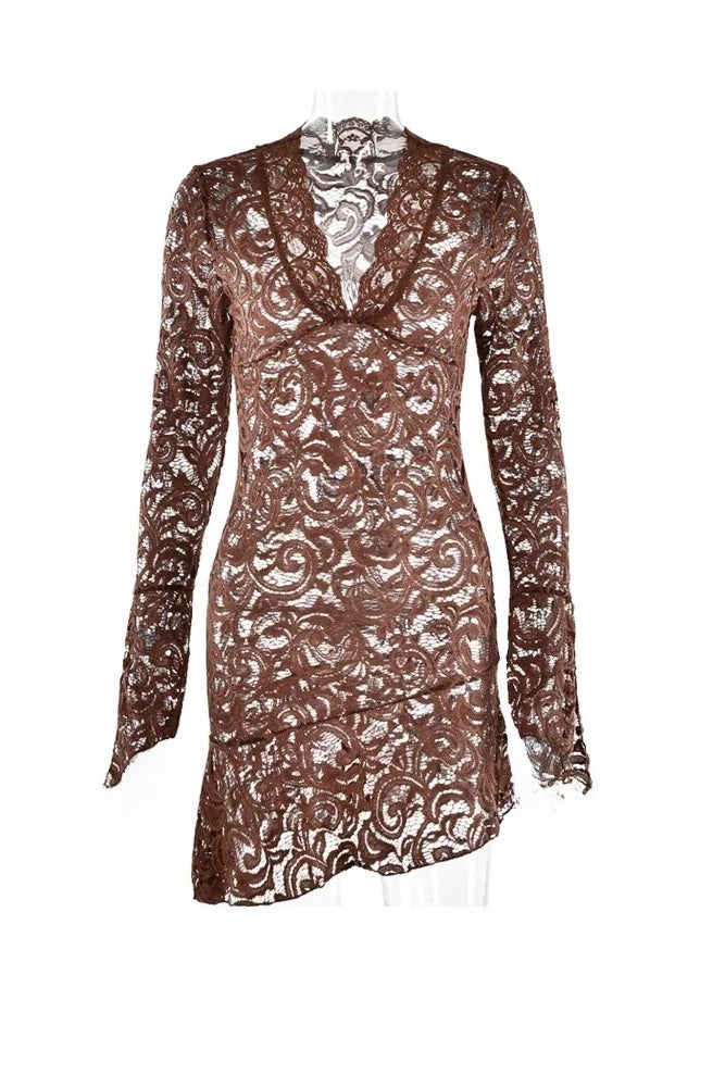 Floral Lace Deep V-Neck Bell Sleeve Asymmetric Ruffle Hem Mini Dress 6
