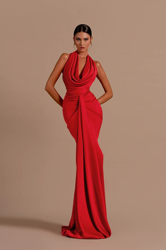 Satin Halter Neck Cowl Draped Knot Waist Front Panel Column Maxi Gown 4