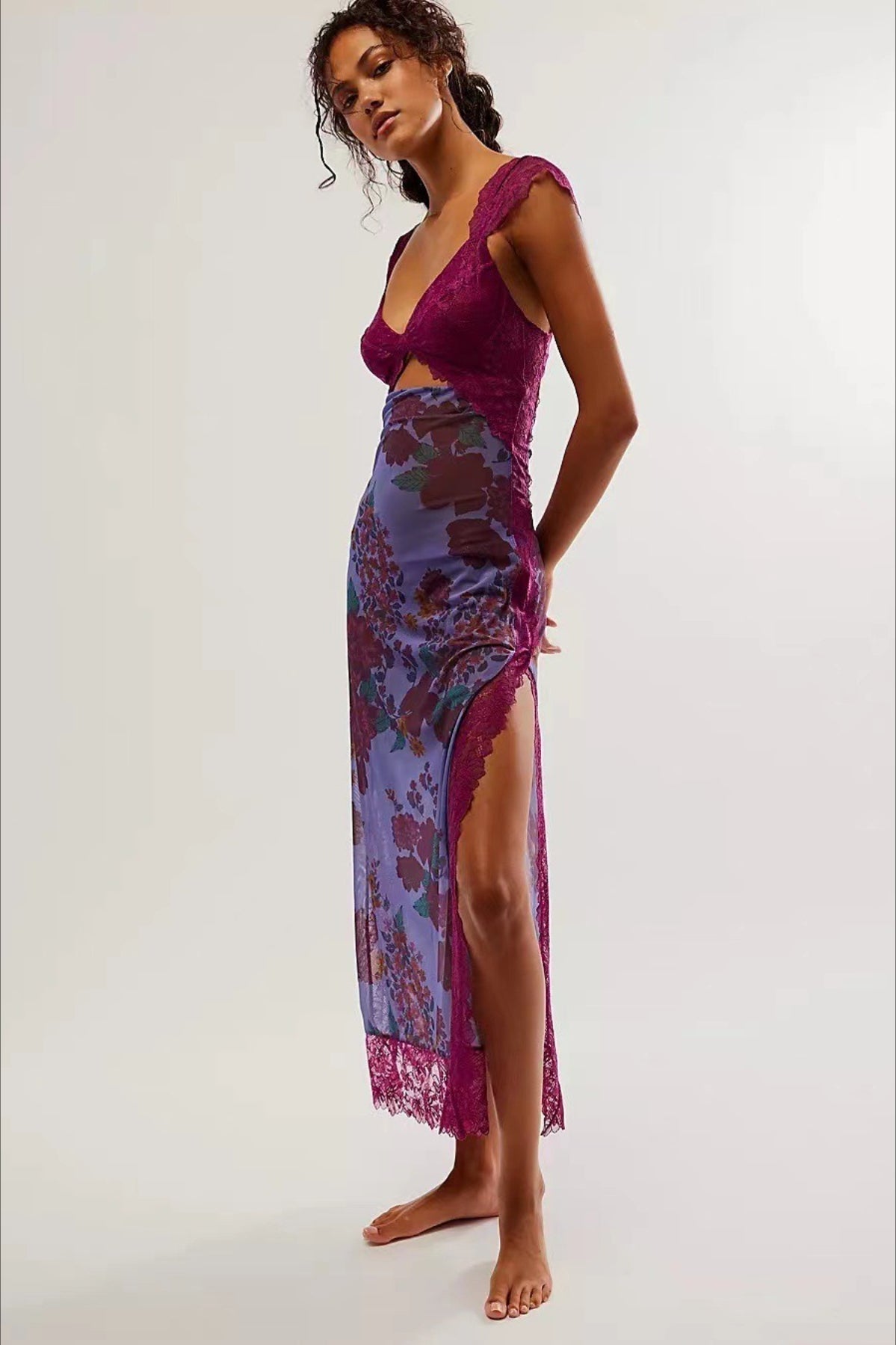 Lace Sweetheart Bodice Cut Out Flutter Sleeve Floral Print Slip Maxi Dress 5