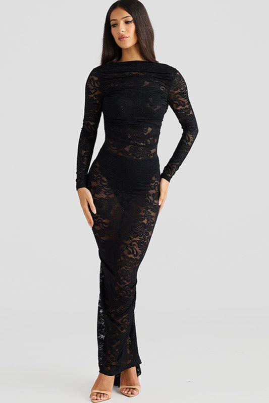 Open Back Long Sleeve Floral Lace Illusion Overlay Bodycon Maxi Dress 6
