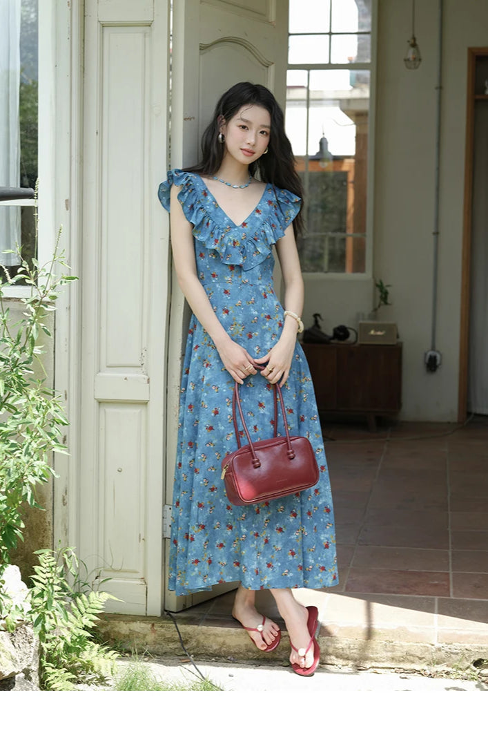 Floral Print Ruffle Trim V-Neck Cap Sleeve Fit and Flare Maxi Summer Dress 3