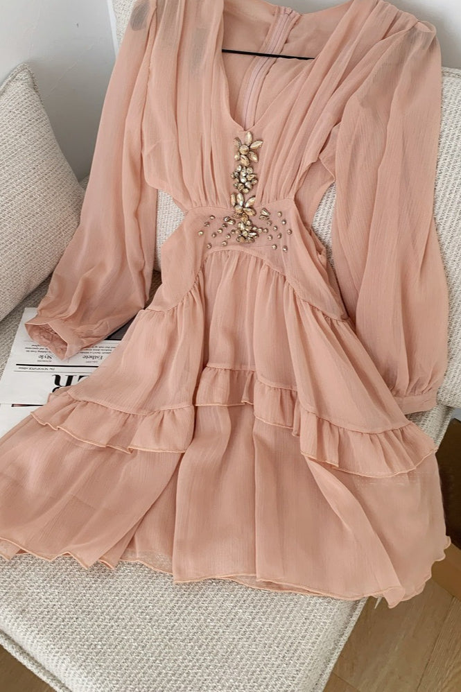 Rhinestone Deep V-Neck Bishop Sleeve Cut Out Waist Tiered Chiffon Mini Dress 6