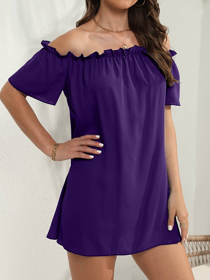 Off Shoulder Ruffle Trim Flutter Sleeve Shift Mini Dress 3