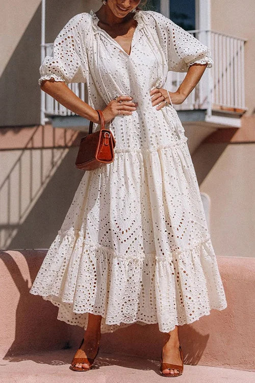 Deep V-Neck Puff Sleeve Tiered Eyelet Lace Scalloped Hem Maxi Dress 4