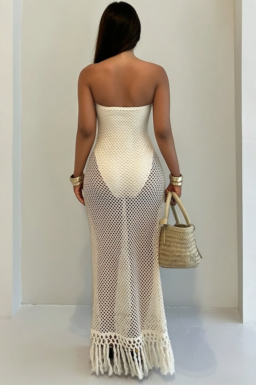 Strapless Bandeau Crochet Mesh Bodycon Mini Dress Tassel Fringe Hem Maxi Dress 2