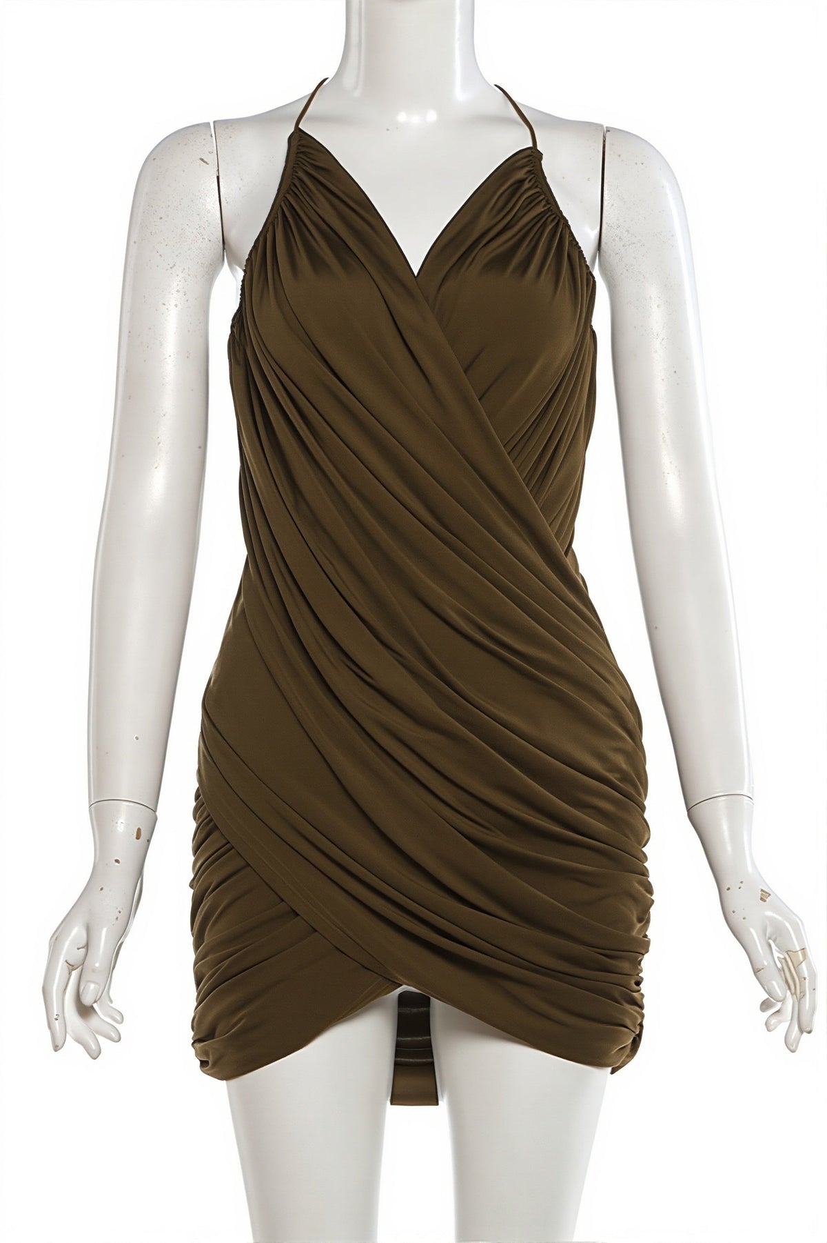 Ruched Draped Halter Plunge V-Neck Wrap Mini Dress 6