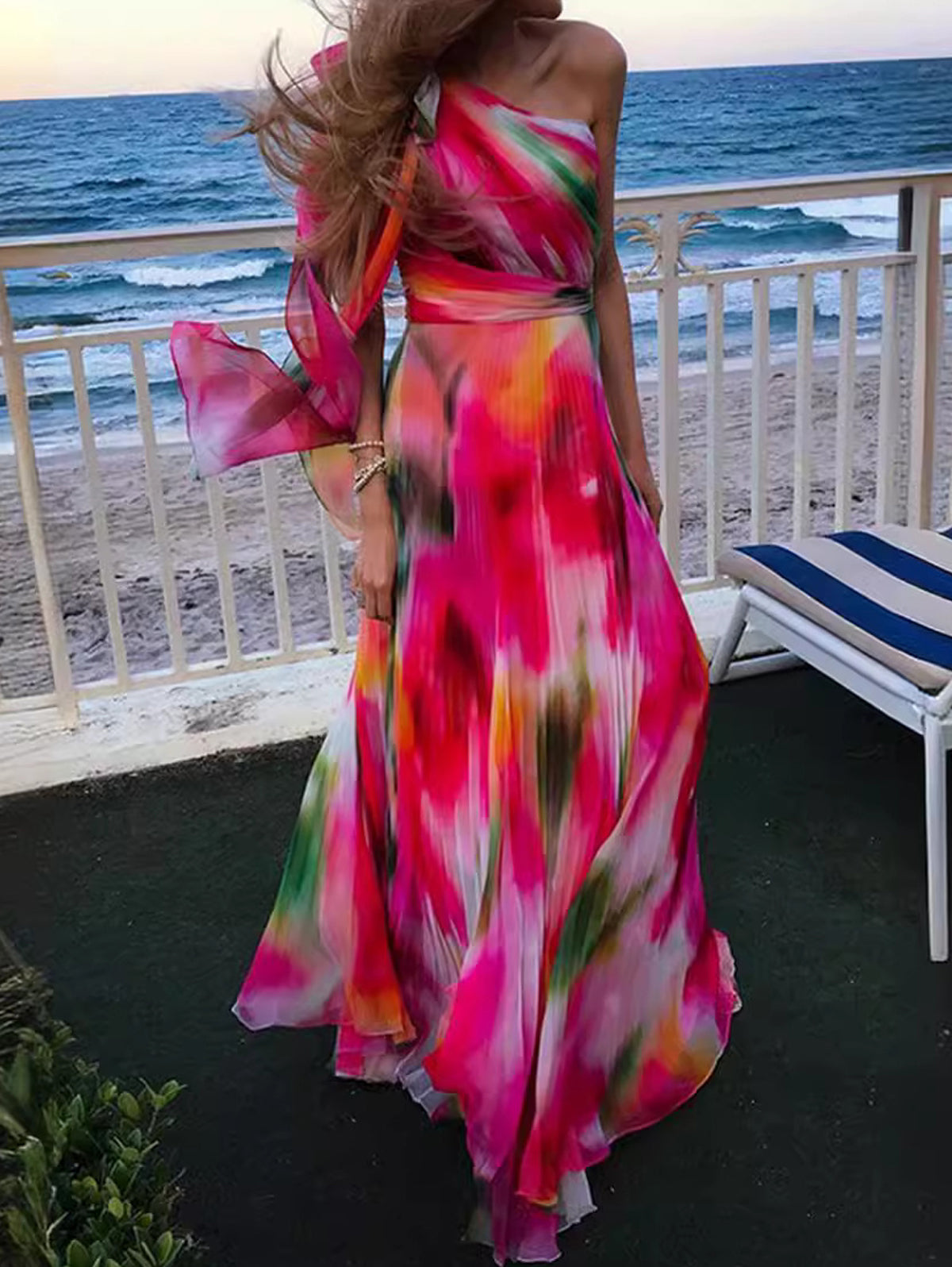 One Shoulder Bow Strap Abstract Watercolor Pleated Maxi Gown 3