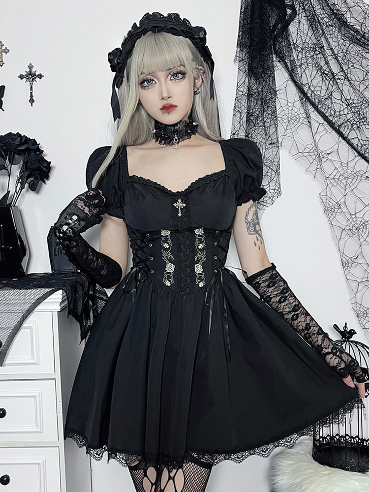Lace-Up Corset Embroidery Pleated Lace Hem Puff Sleeve Mini Dress