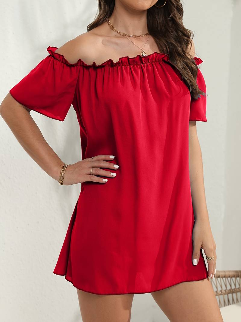 Off Shoulder Ruffle Trim Flutter Sleeve Shift Mini Dress 4