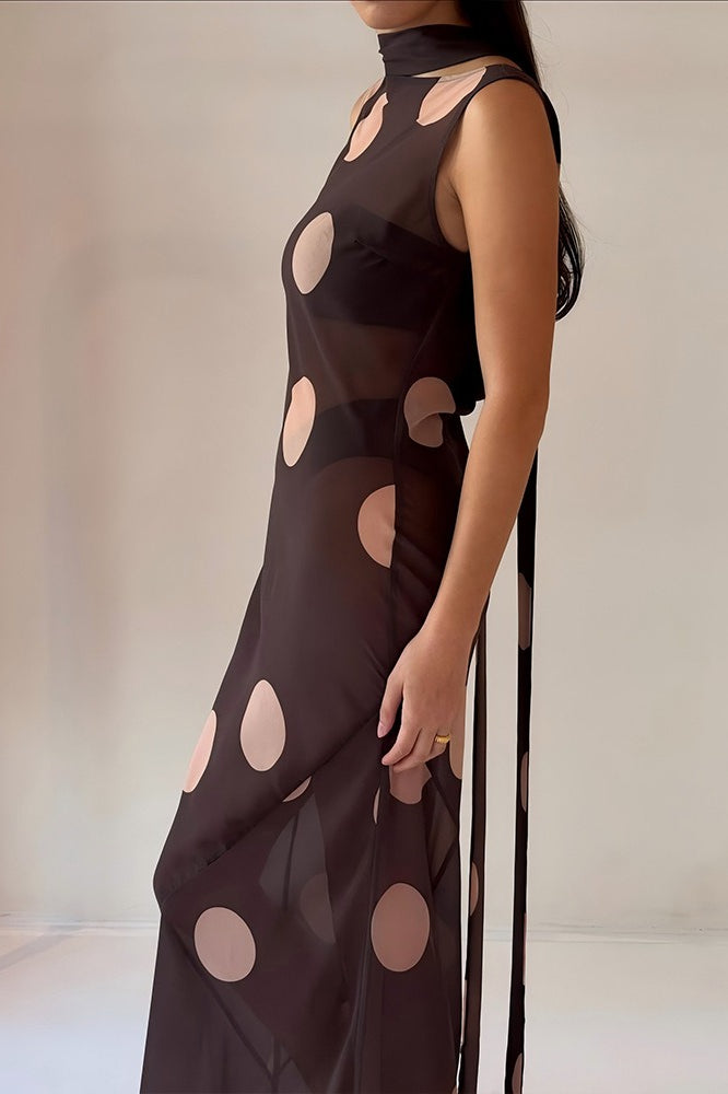 Sheer Mesh Polka Dot Scarf Collar Boat Neck Maxi Dress 3