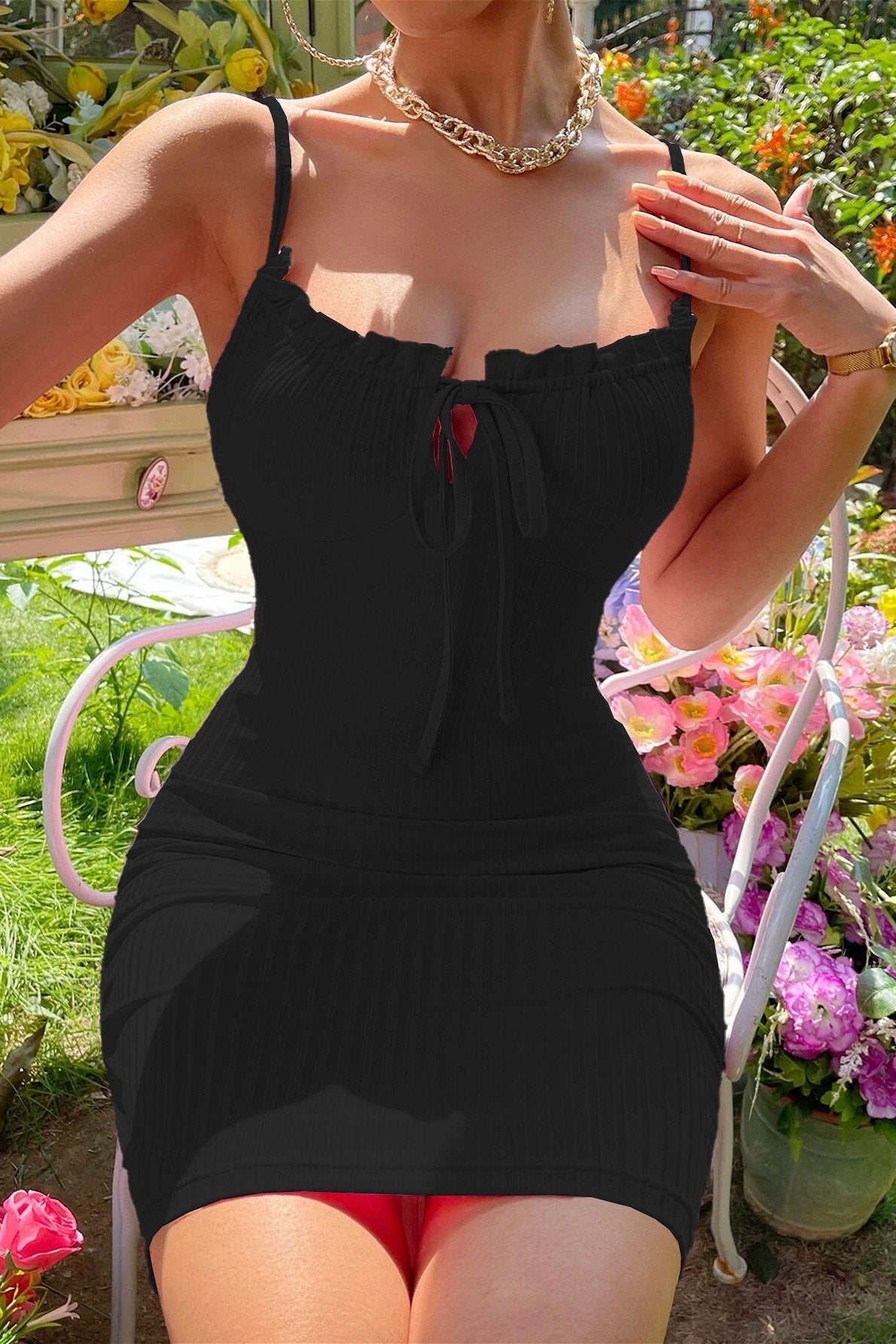 Ribbed Knit Tie-Front Keyhole Ruffle Neck Spaghetti Strap Mini Dress 4