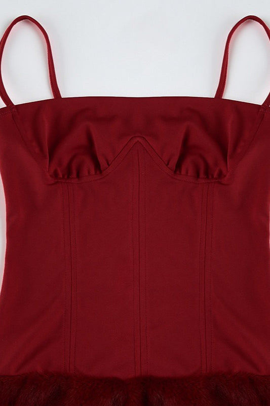 Spaghetti Strap Corset Bustier Faux Fur Trim Bodycon Mini Dress 5