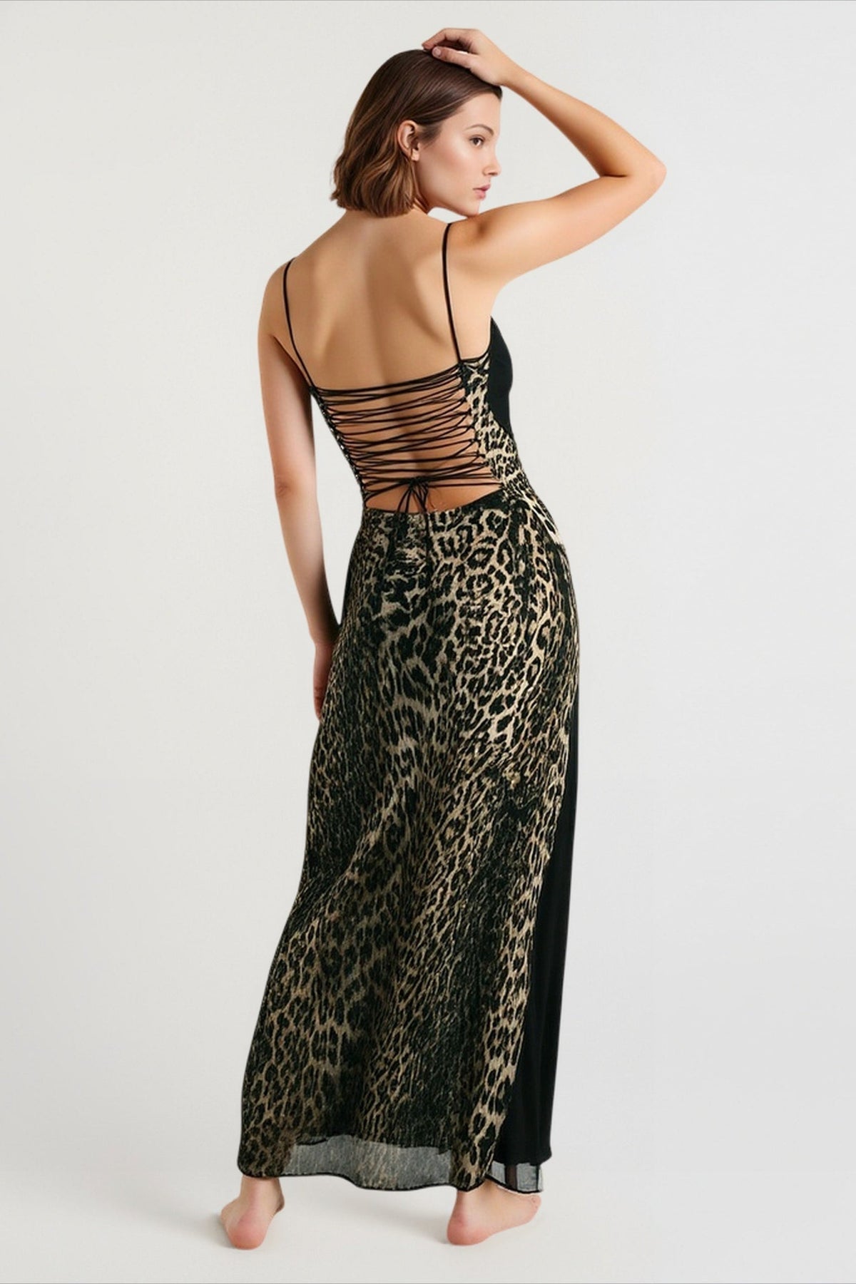 Spaghetti Strap Lace Corset Bodice Print Column Maxi Dress 2