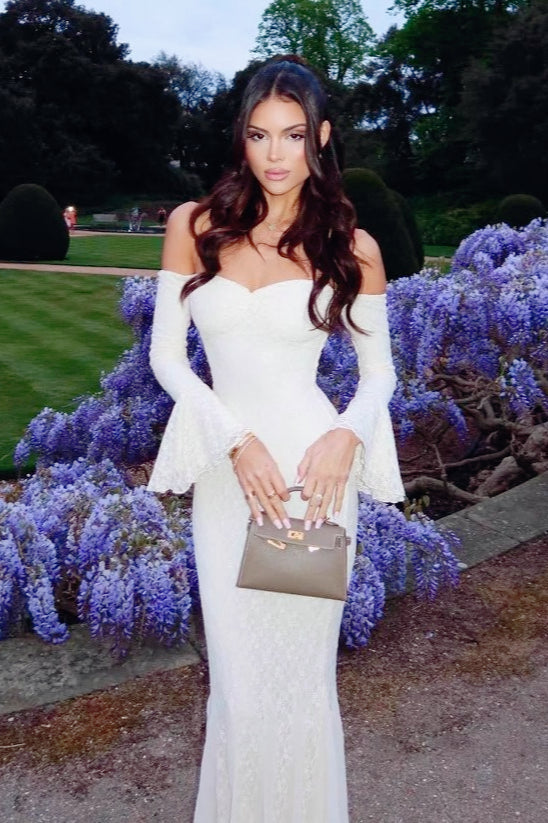 Lace Off Shoulder Bell Sleeve Sweetheart Mermaid Maxi Gown 4