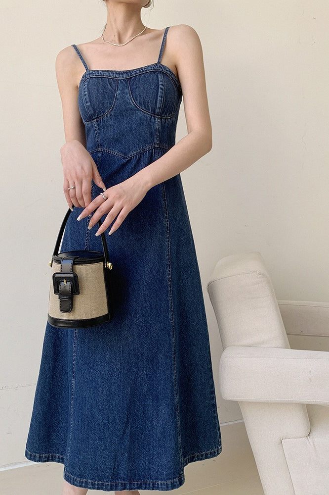 Denim Bustier Spaghetti Strap Panel Seam A-Line Midi Dress 5