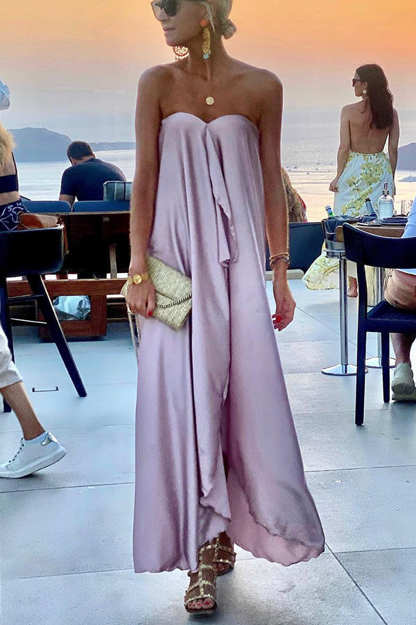 Satin Strapless Ruffle Panel Floor Length Maxi Gown
