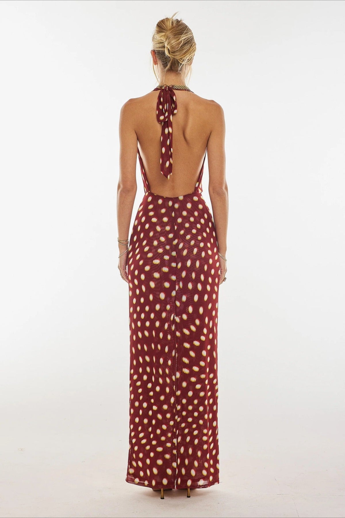 Red Halter Cowl Neck Dropped Waist Gathered Polka Dot Maxi Dress 2