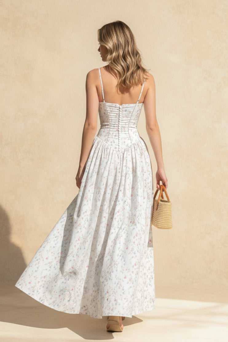 Floral Print Corset Bodice Basque Waist Pleated Ball Gown Maxi Dress 4