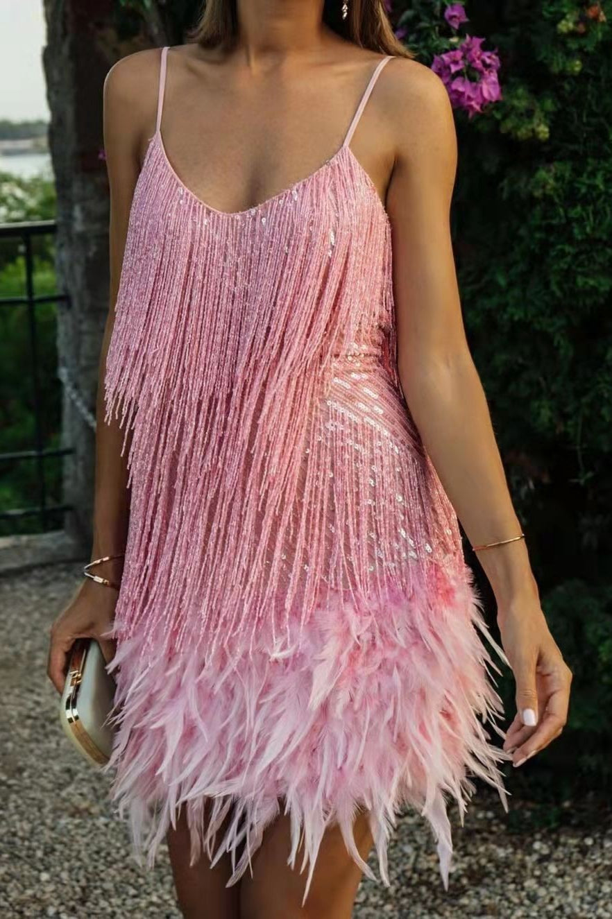 Sequin Fringe Feather Hem Spaghetti Strap Mini Mini Dress 2