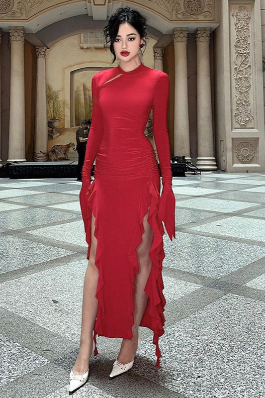Crew Neck Ruched Long Sleeve Integrated Glove High Slit Ruffle Trim Maxi Dress 3