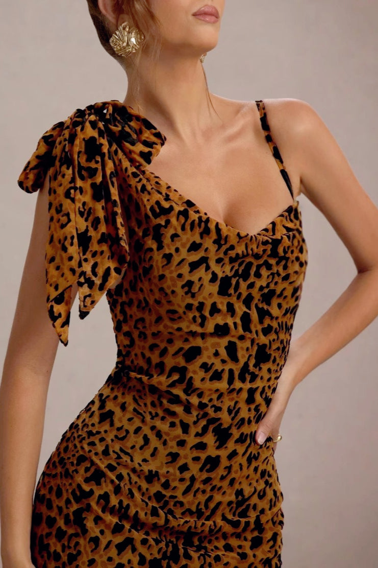 Print One Shoulder Bow Strap Bodycon Maxi Dress 4