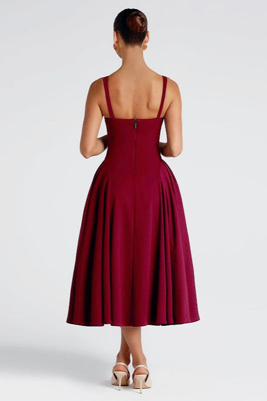 Square Neck Wide Strap Pleated Fit and Flare Midi Dress 4