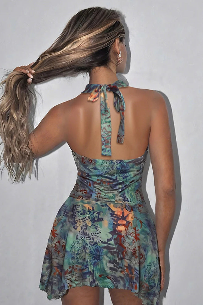 Halter Neck Ring Waist Abstract Print Plunge V-Neck Mini Dress 2