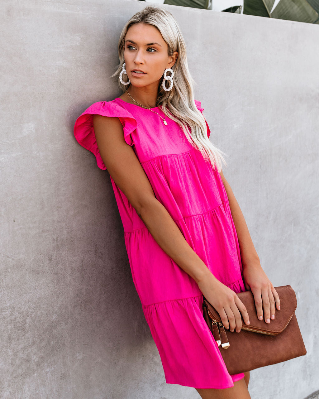 Crew Neck Flutter Sleeve Tiered Ruffle Pocket Babydoll Mini Dress 10
