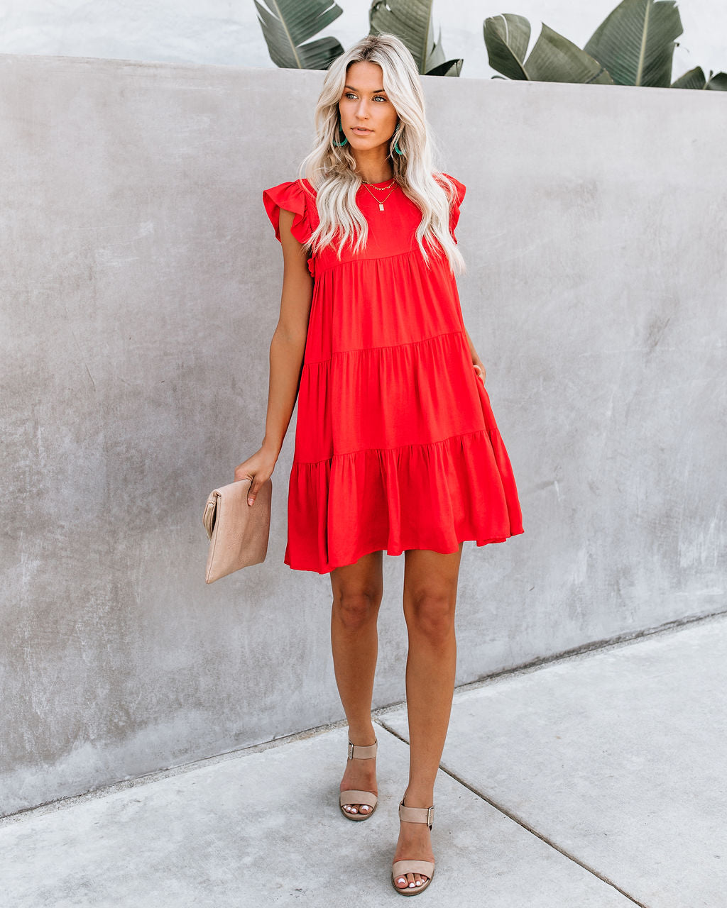 Round Neck Flutter Sleeve Tiered Pocket Babydoll Mini Dress 2